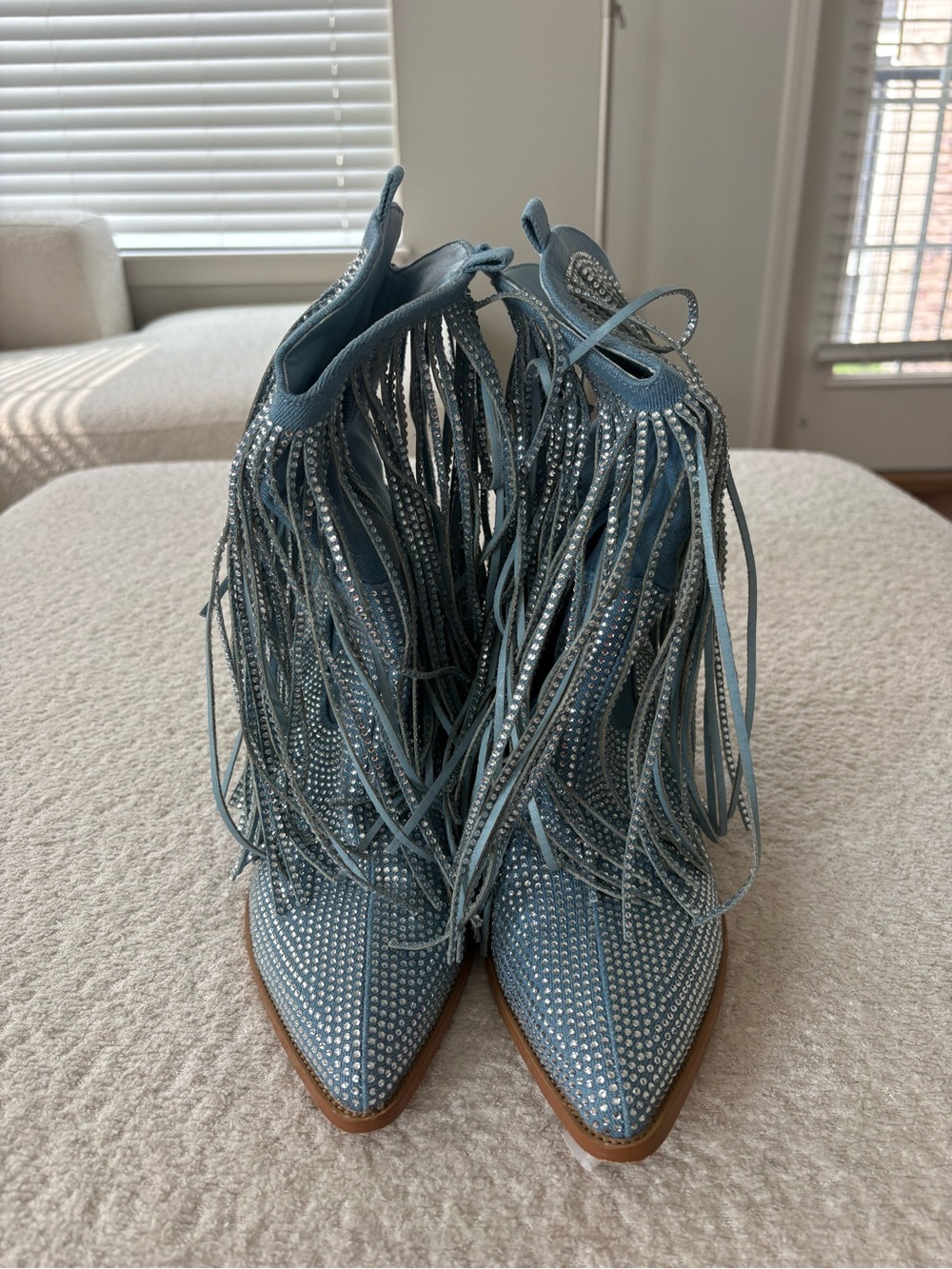 Fringed Rhinestone Pointed Toe Ankle Boots - Blue